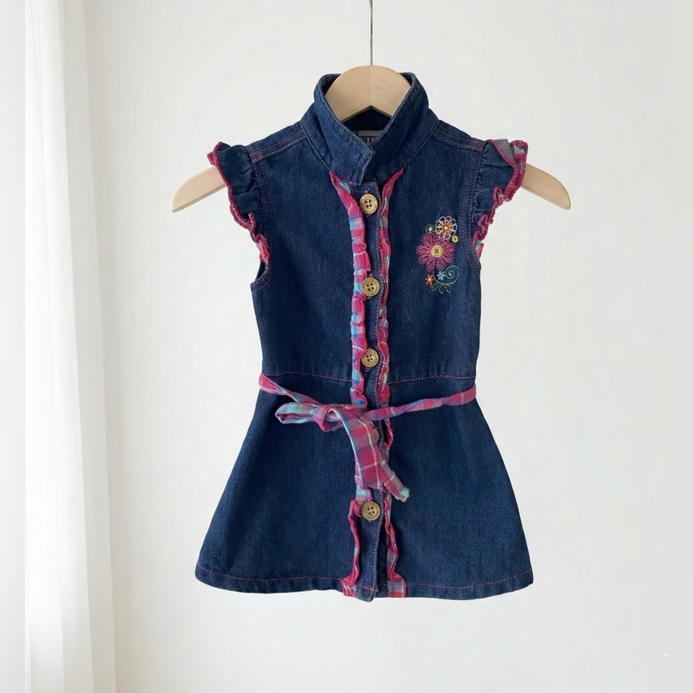 Y2K Retro Carter's Denim Dress 24M Plaid Ruffle Flower Embroidery Kidcore